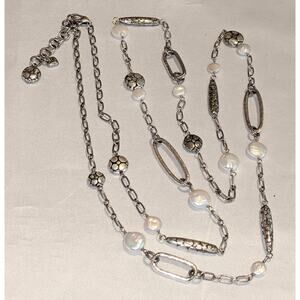 Brighton PEBBLE PEARL Long Chain Necklace Silver Oval Links White Pearls